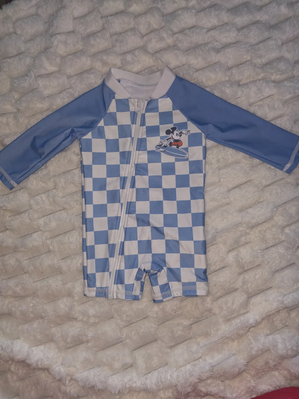 Blue Checkered Kids One-Piece Swimsuit with Character Print